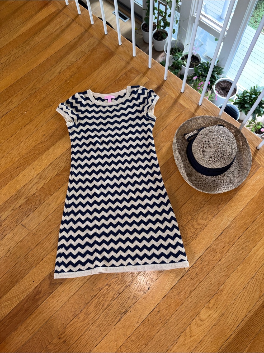 Lilly Pulitzer Navy and Cream Chevron Knit Mini Dress With Hat!